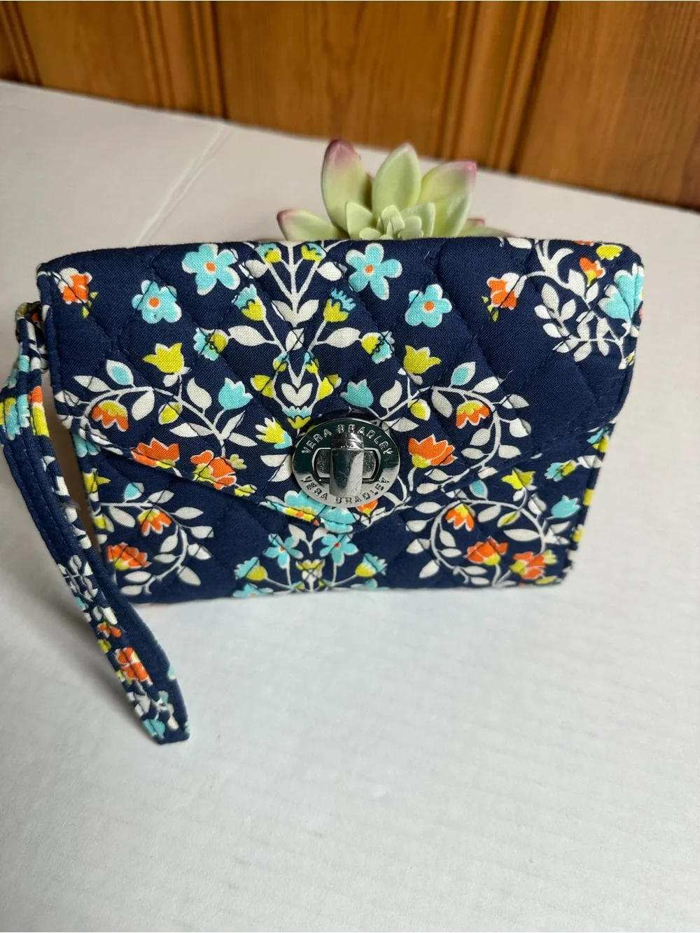 Vera Bradley Navy Quilted Floral Wristlet Wallet with Orange & Aqua Accents